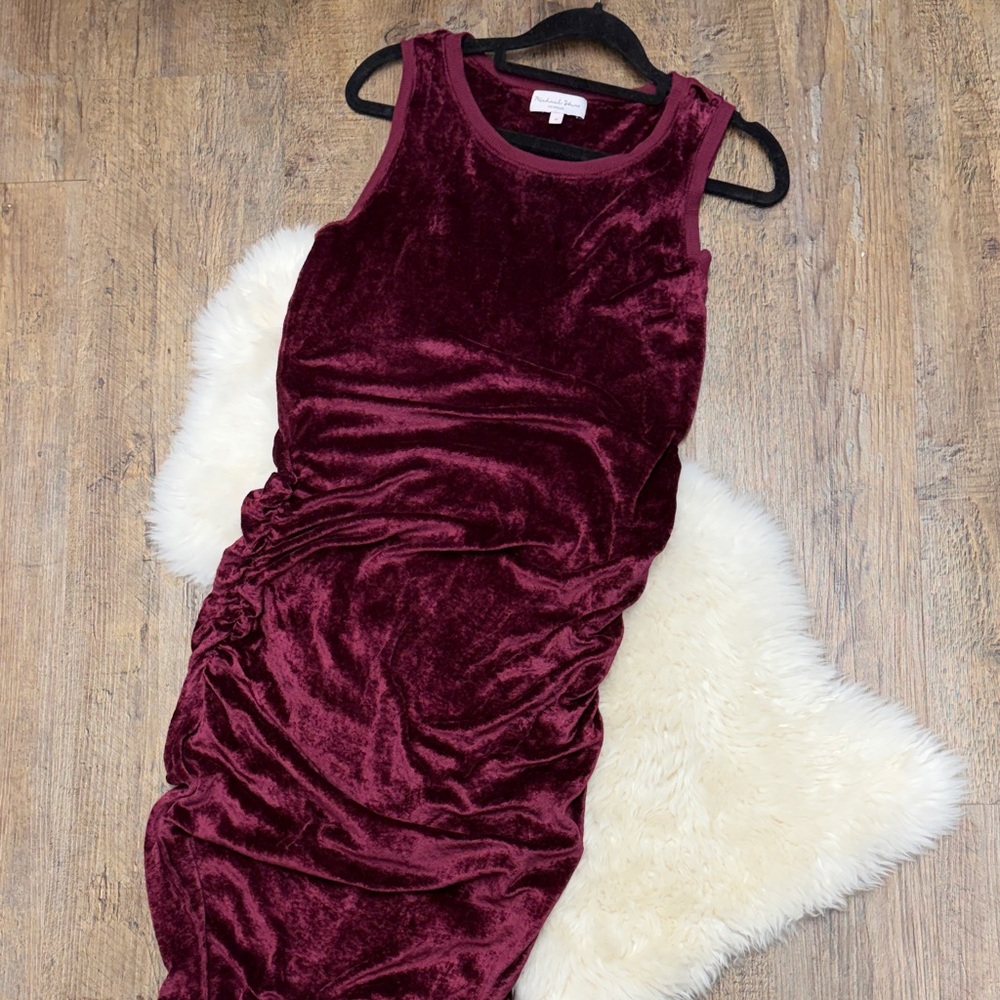 Michael Stars Velvet Ruched Sleeveless Dress - MIDI Wine colored size M
